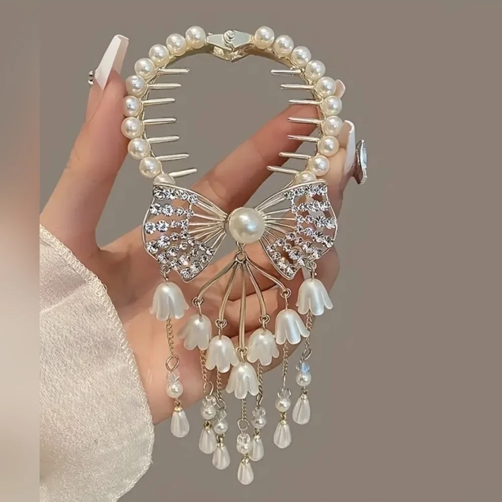 New wedding hair clip bow dangly rhinestone faux pearls, TM2B2